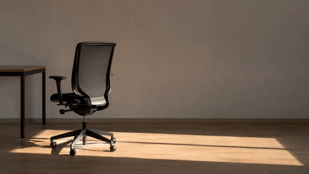An empty office chair turned from a desk in low afternoon light