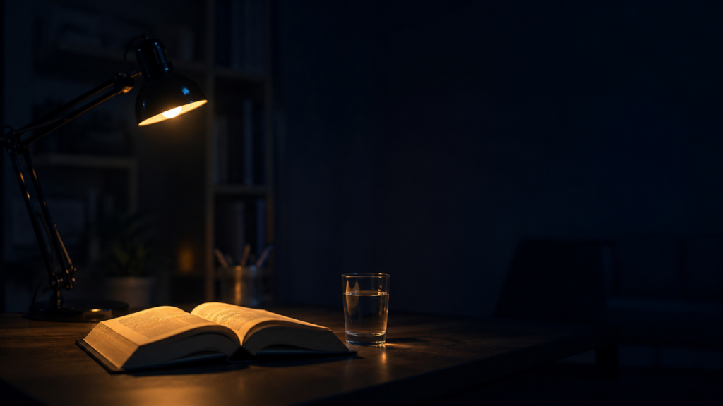 A dark desk at night lit by a warm lamp with an open textbook and a glass of water