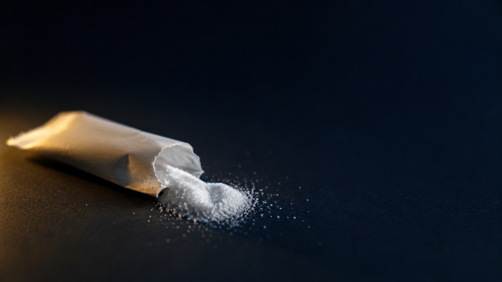 An open sweetener packet spilling white powder on a dark surface