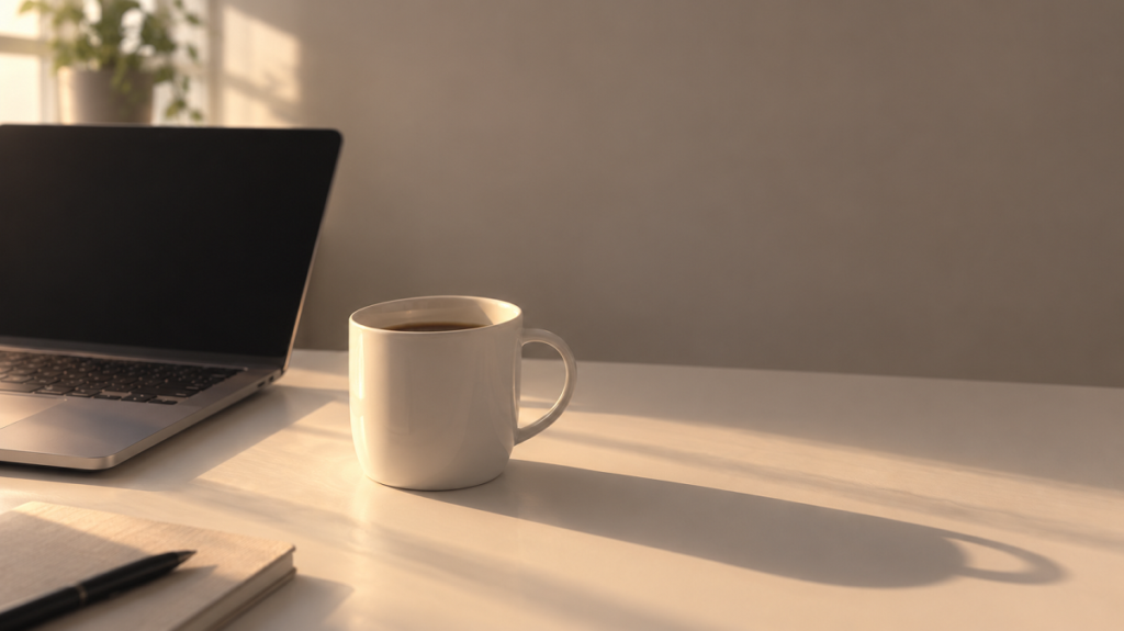 A half-full mug beside a laptop in low late-afternoon light