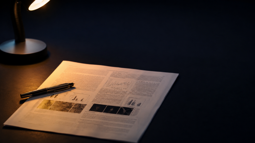 A printed research paper on a dark desk under warm lamplight with a pen across it