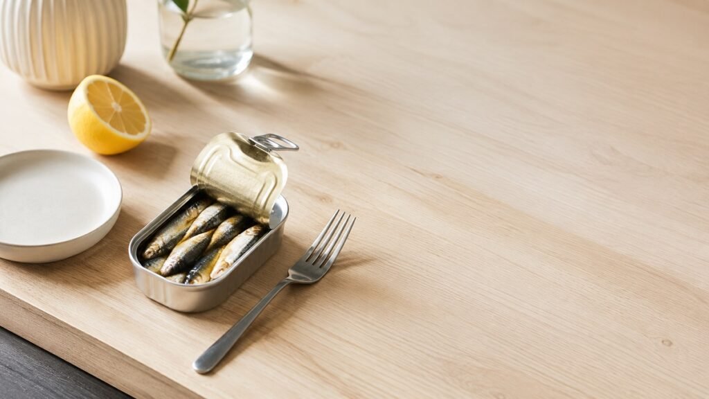 An opened tin of sardines and a fork on a pale kitchen counter in morning light