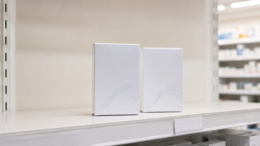 Two plain supplement boxes side by side on a pharmacy shelf