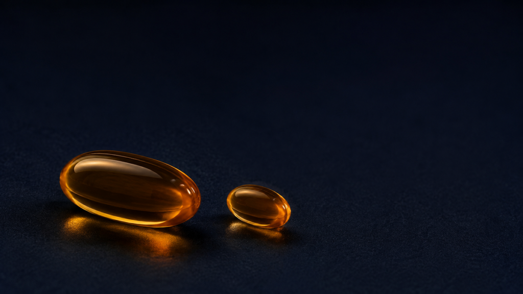 Two amber omega-3 softgels of different sizes on a dark surface