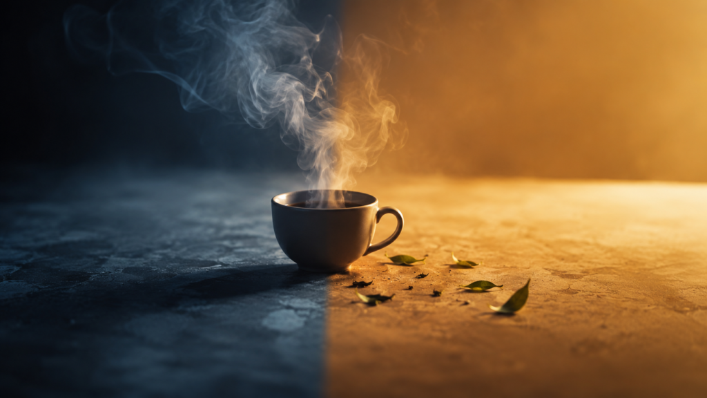 Coffee cup lit half in cool blue shadow and half in warm amber light