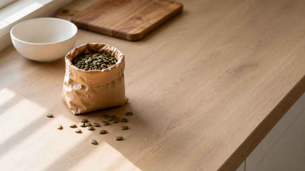 An open paper bag of pumpkin seeds on a kitchen counter in daylight