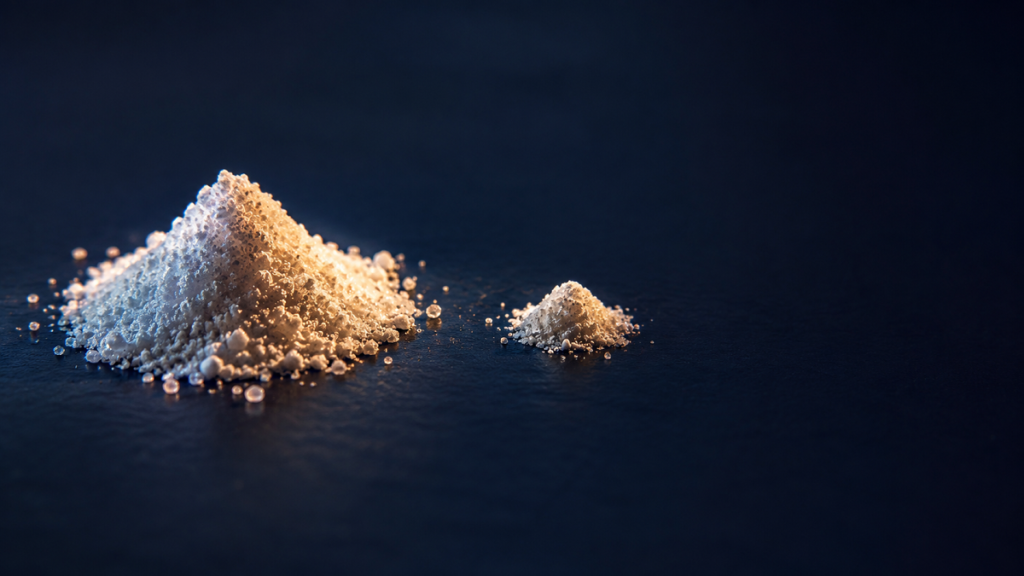 Two unequal piles of white powder on a dark surface in warm side light