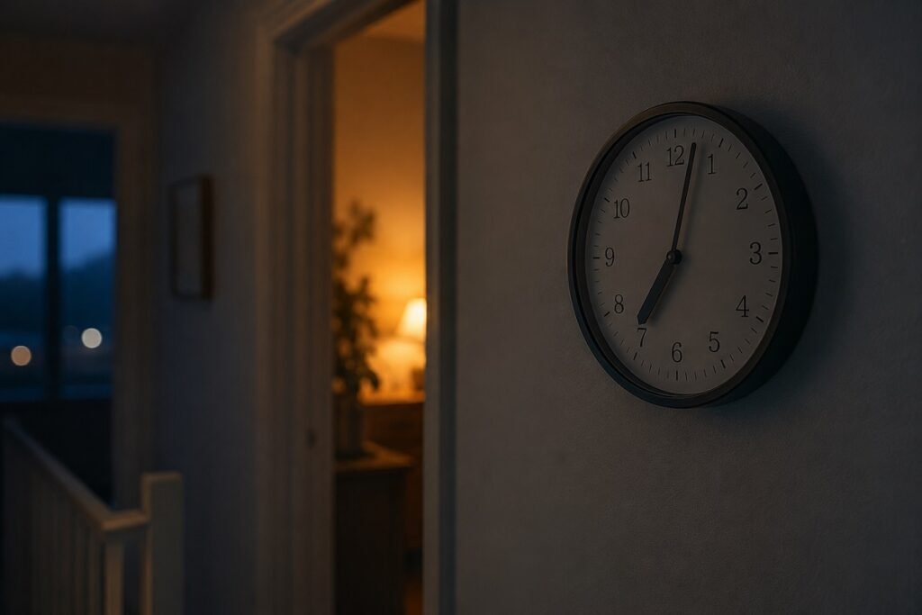 A wall clock reading just past seven in a dimly lit hallway at early evening