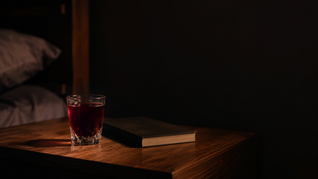 A small glass of dark red juice on a bedside table in a dimly lit room