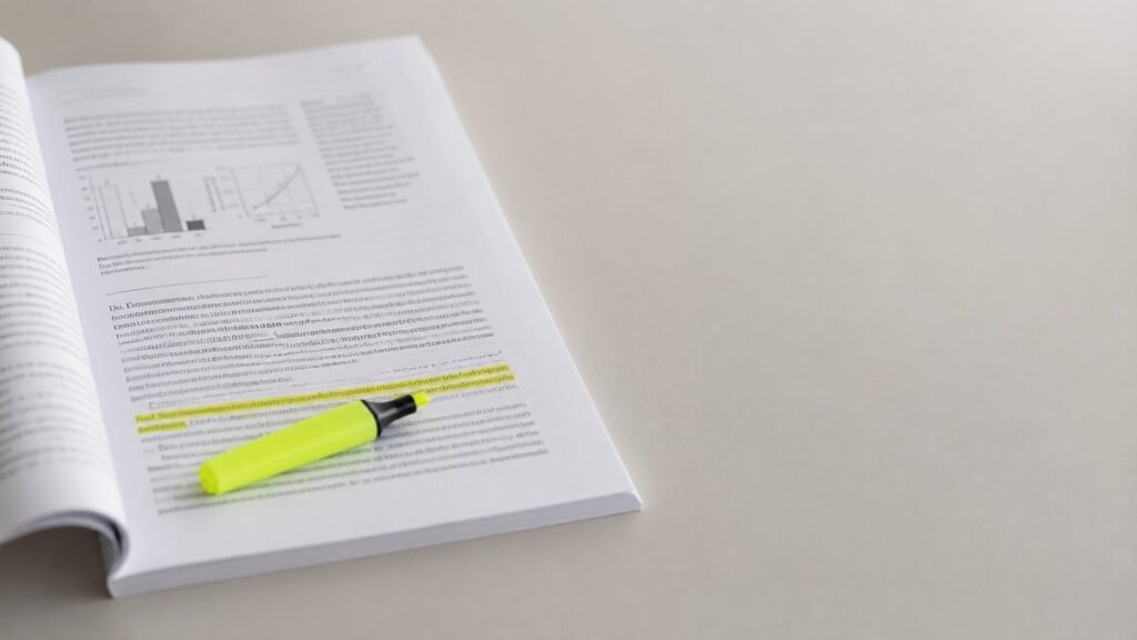 A research paper opened to a later page with a highlighter across a lower paragraph