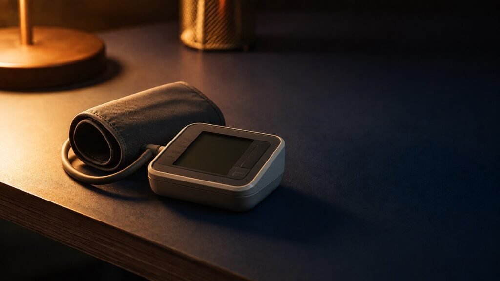 A coiled blood pressure cuff resting on a dark desk in warm lamplight