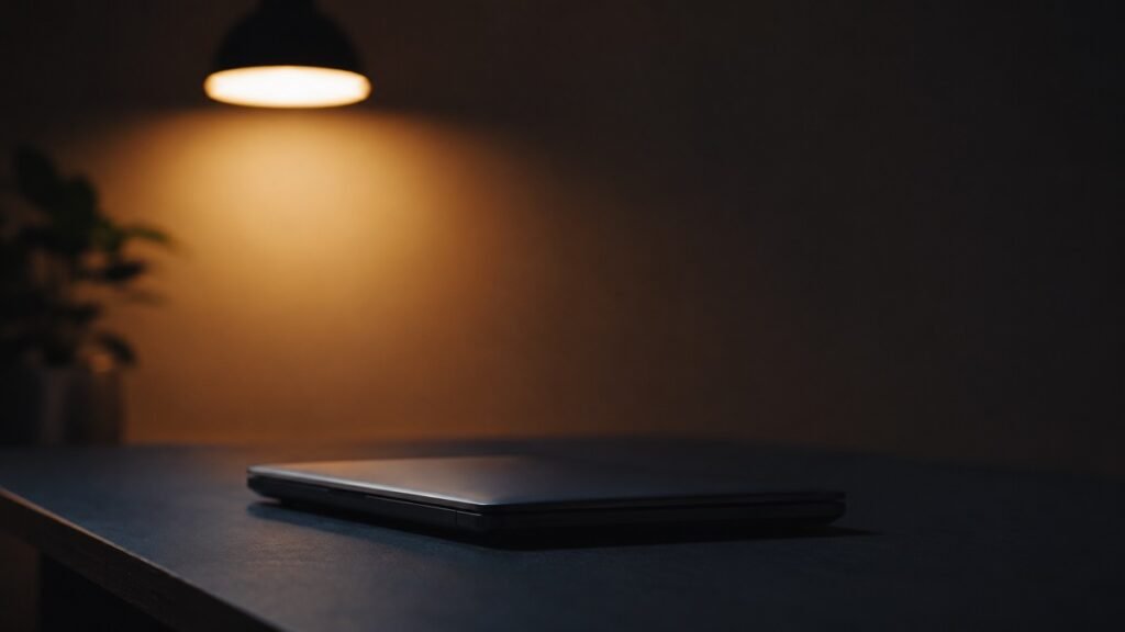 A bright ceiling light glowing above a closed laptop sitting in shadow on a dark desk at night