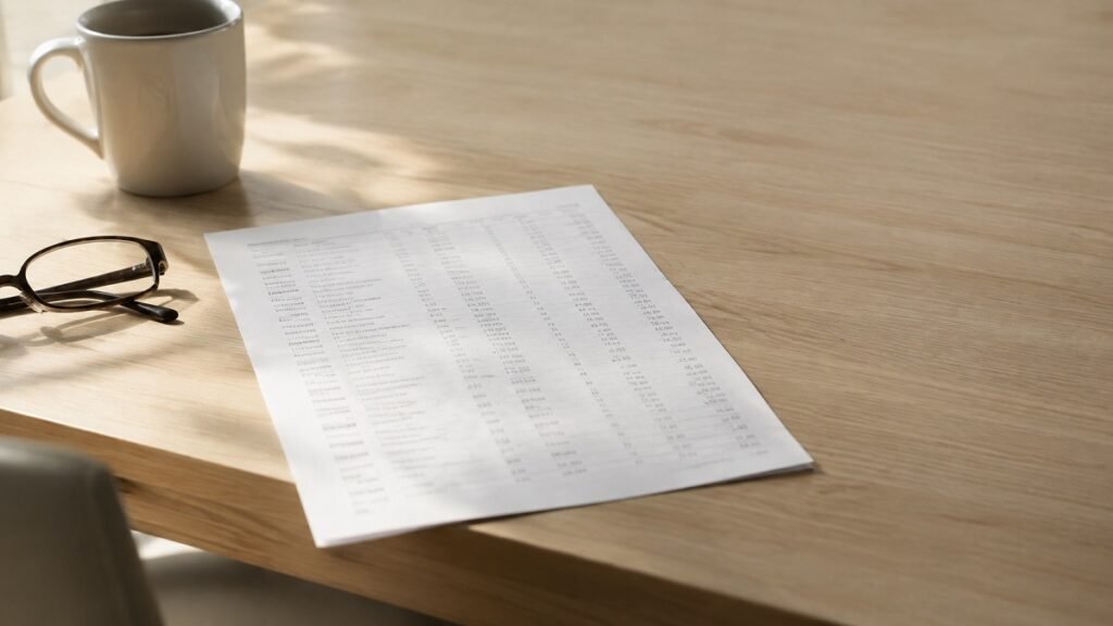 A printed sheet of results lying on a pale kitchen table beside folded reading glasses in morning light
