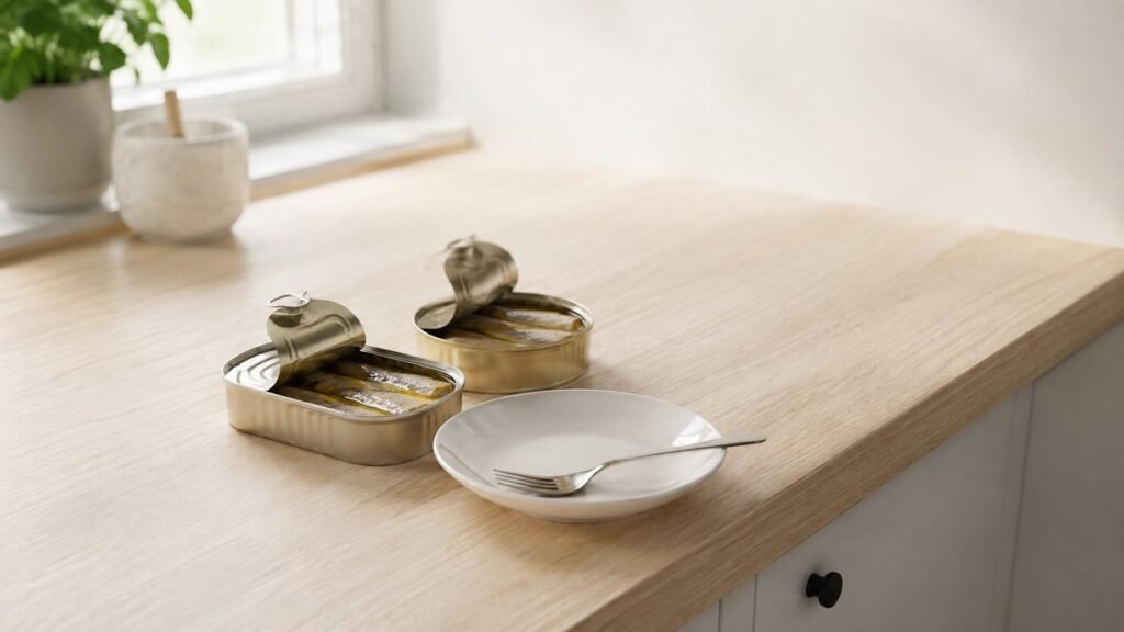 Two open tins of fish on a pale wood kitchen counter beside a small white plate and fork in morning light