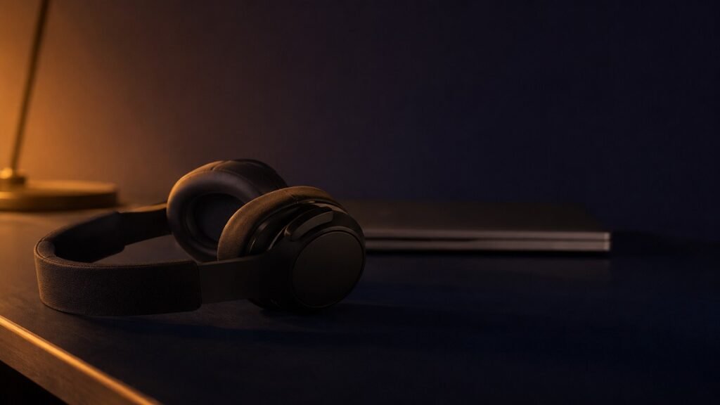 Over-ear headphones resting on a dark desk beside a closed laptop in warm lamplight
