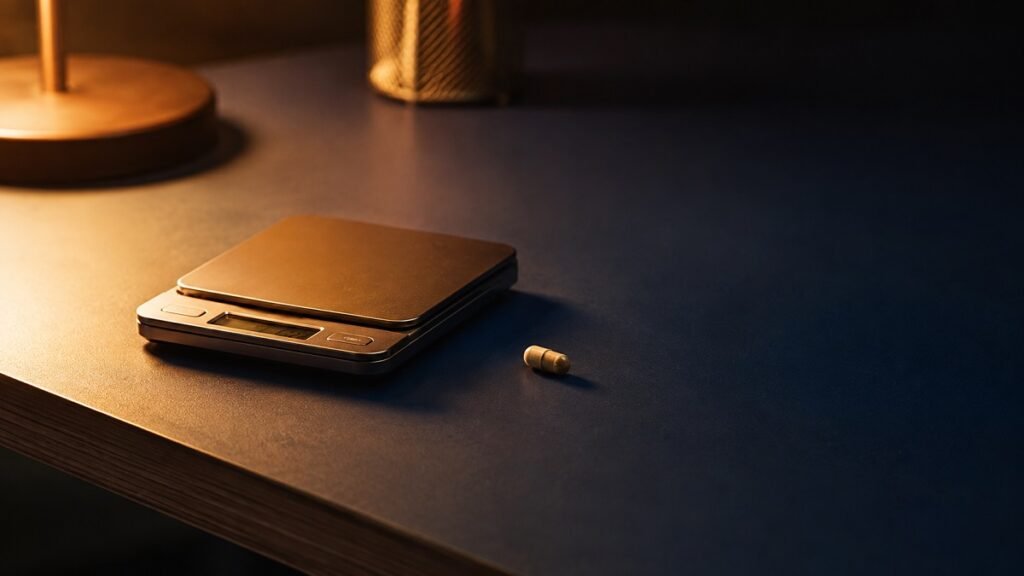 A single supplement capsule beside a small kitchen scale on a dark desk in warm lamplight