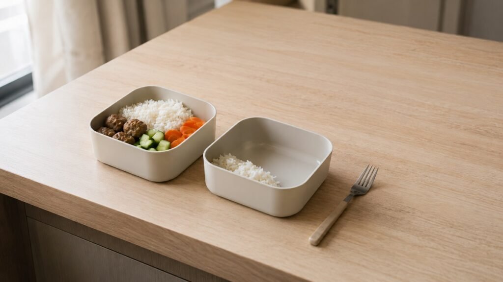 Two plain lunch containers of different fullness side by side on a pale kitchen counter in daylight