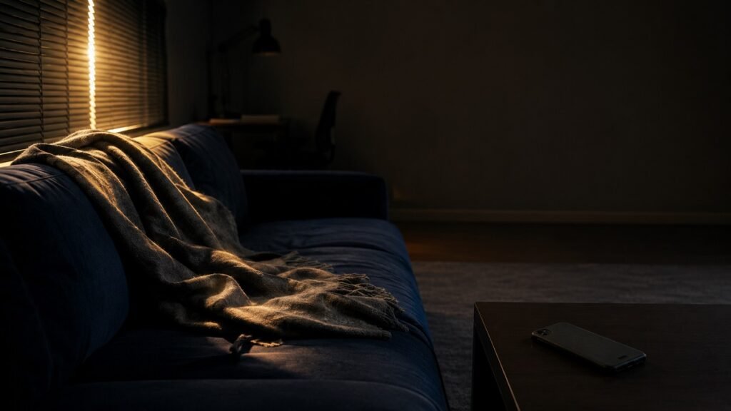 A dim home office with drawn blinds, a thrown-back blanket on a navy couch and a face-down phone on a side table, lit by a single band of afternoon light.