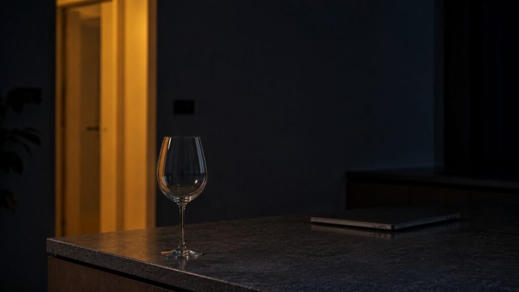 A single empty wine glass on a dark kitchen counter at night, lit from a doorway to the left, with a closed laptop behind it