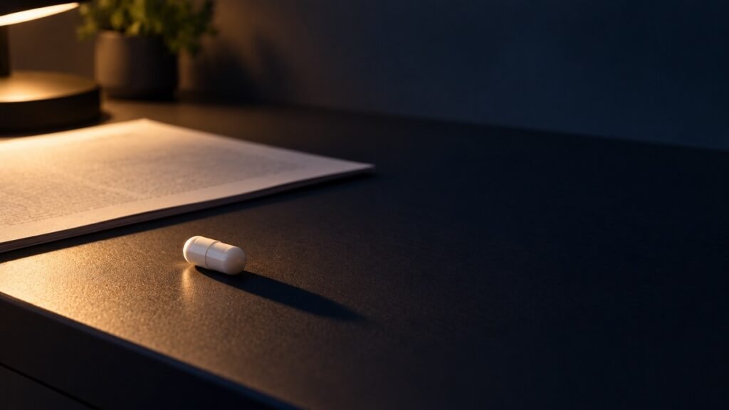 A single white capsule on a dark desk in raking lamp light, casting a long shadow, with a face-down printed page behind it.
