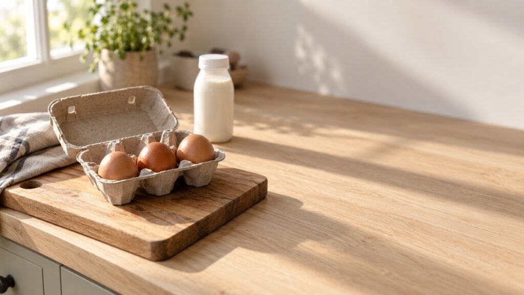 An open egg carton holding three brown eggs on a pale wood kitchen counter, with a small unlabelled white supplement bottle behind them in soft morning light.