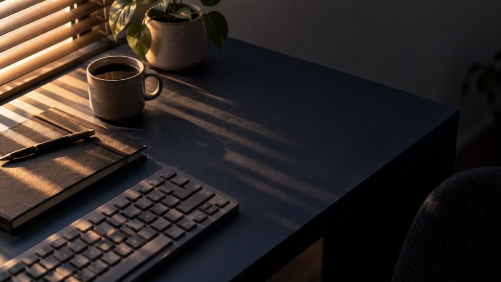 Bands of warm light from half-open blinds falling across the corner of a dark desk beside a keyboard.